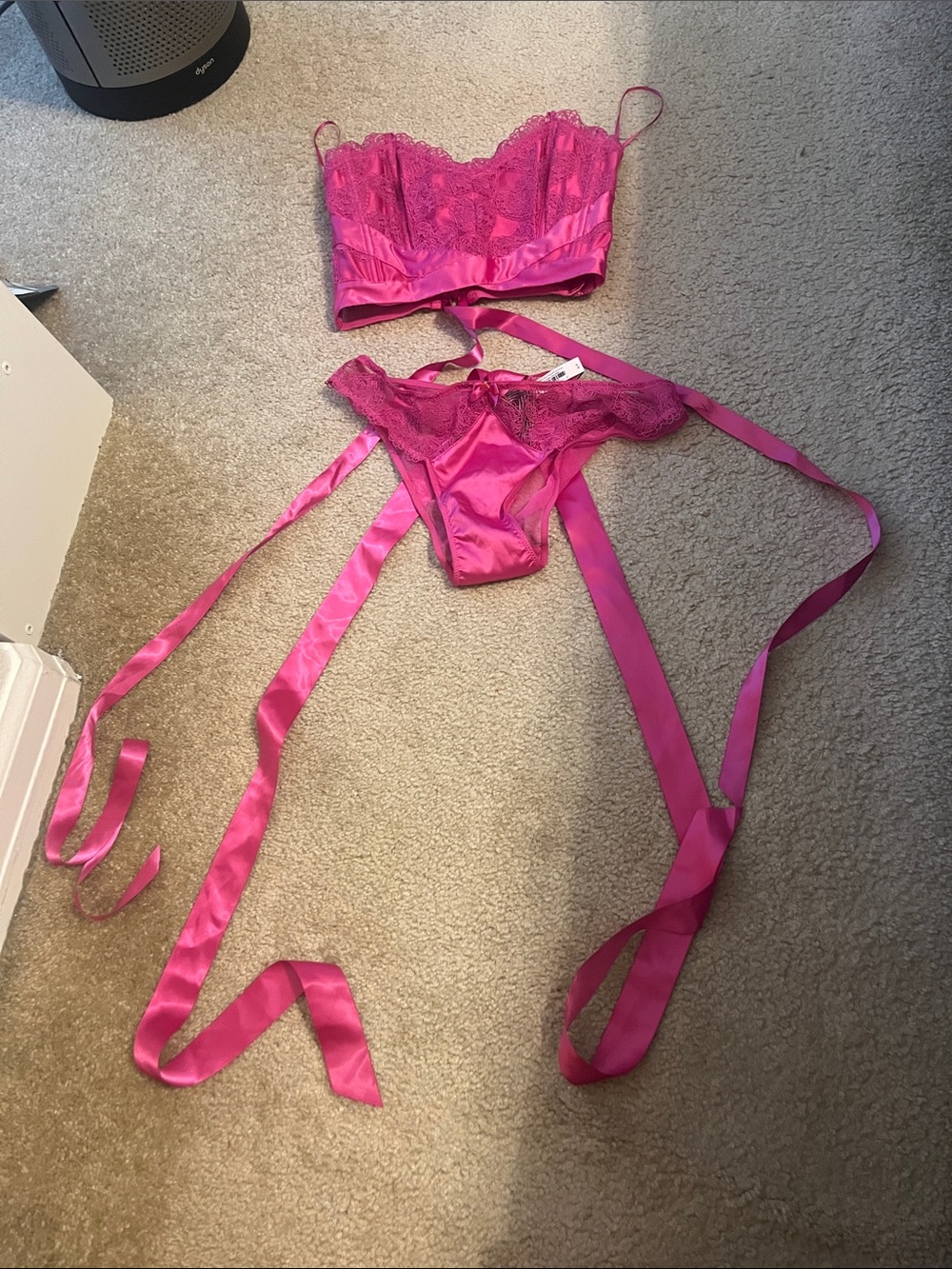 Victoria's Secret Hot Pink Lace Bustier and Panty Set with Satin Ribbons